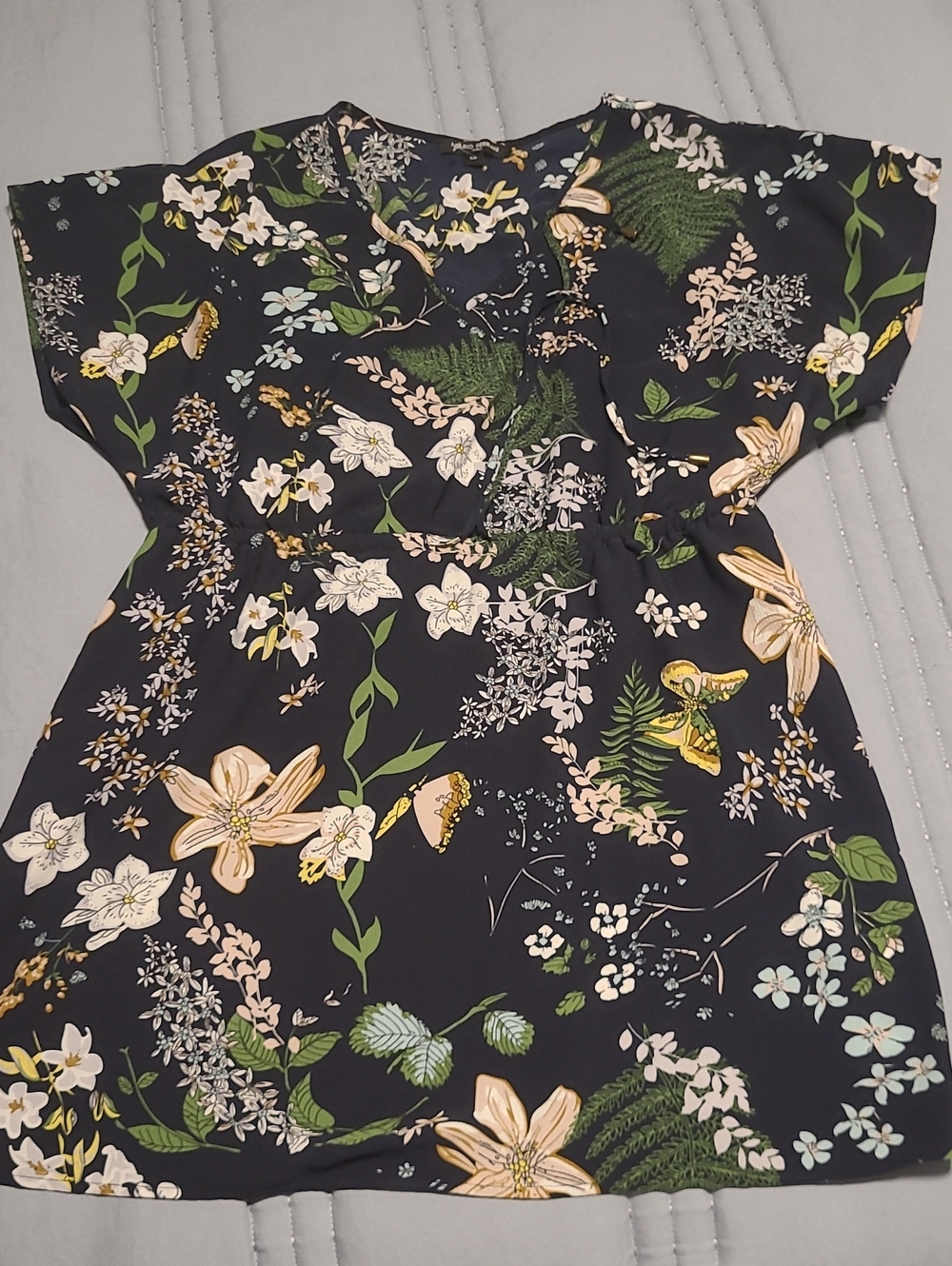 Mario Serrani Navy Floral Short-Sleeve Dress with Cream and Green Blooms